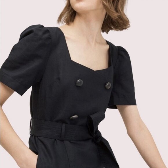 Kate Spade Linen Blend Twill Black Jumpsuit Size 2 Double Breasted Button $328 - Picture 2 of 16